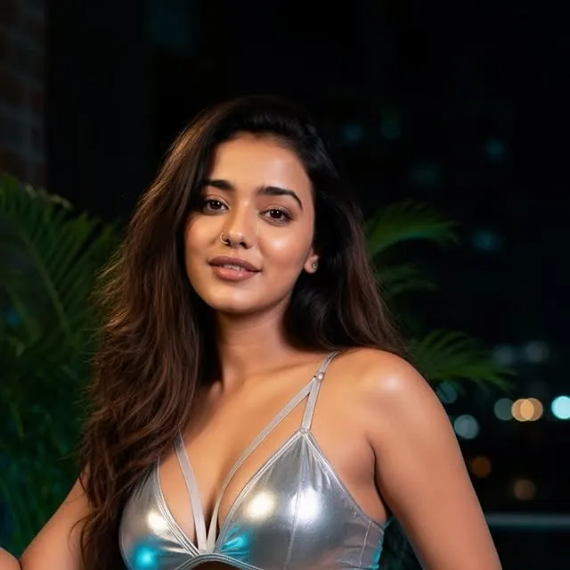 Silver dress against the night skyline